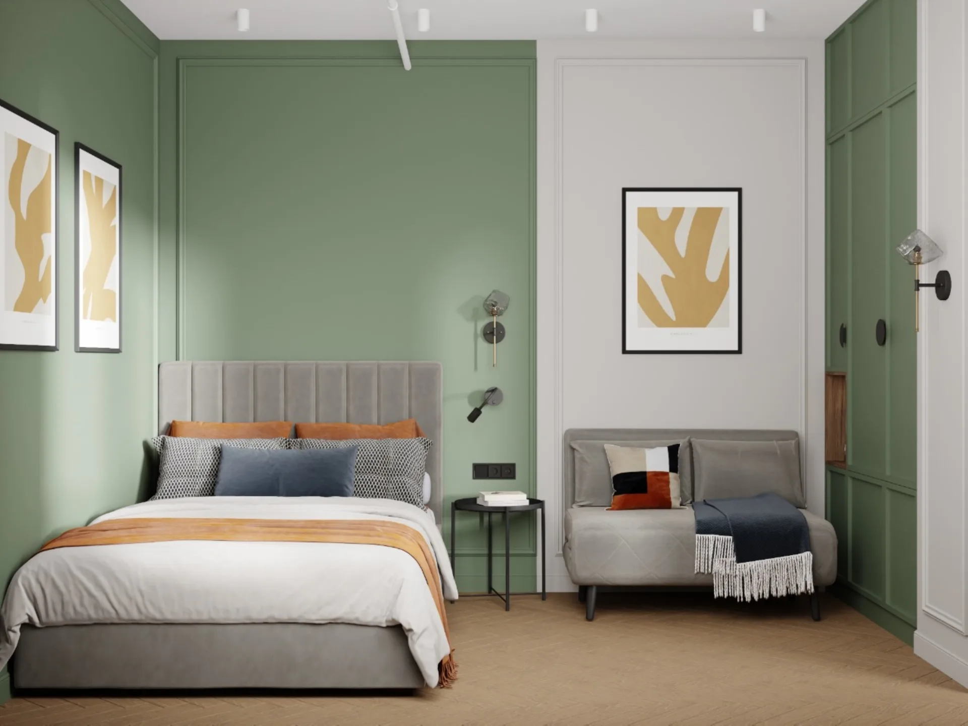 Sleeping area with sage walls, terracotta cushions and brass wall lights in daylight