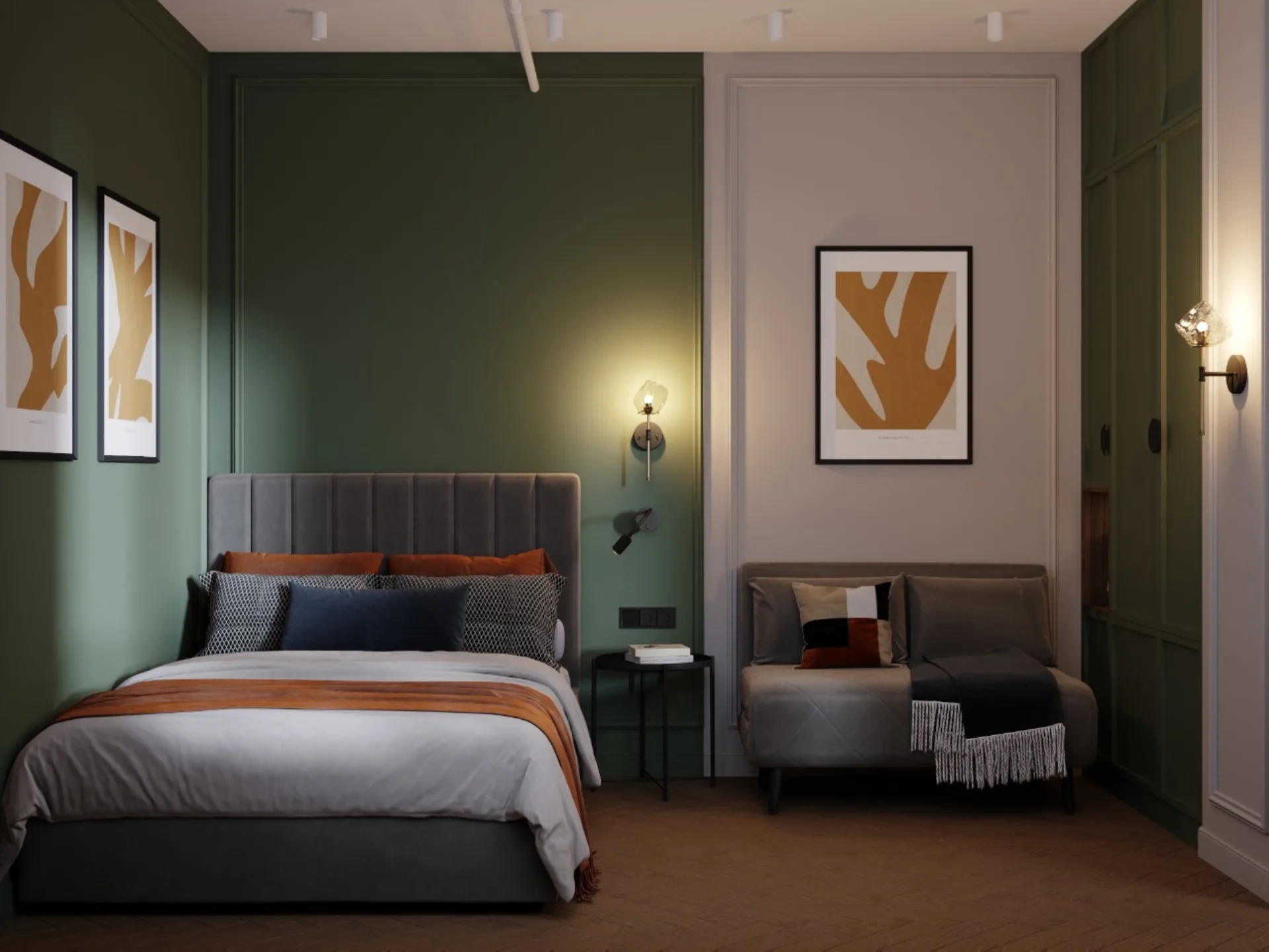 Sleeping area in the evening, with warm wall lights, mouldings and ochre artwork
