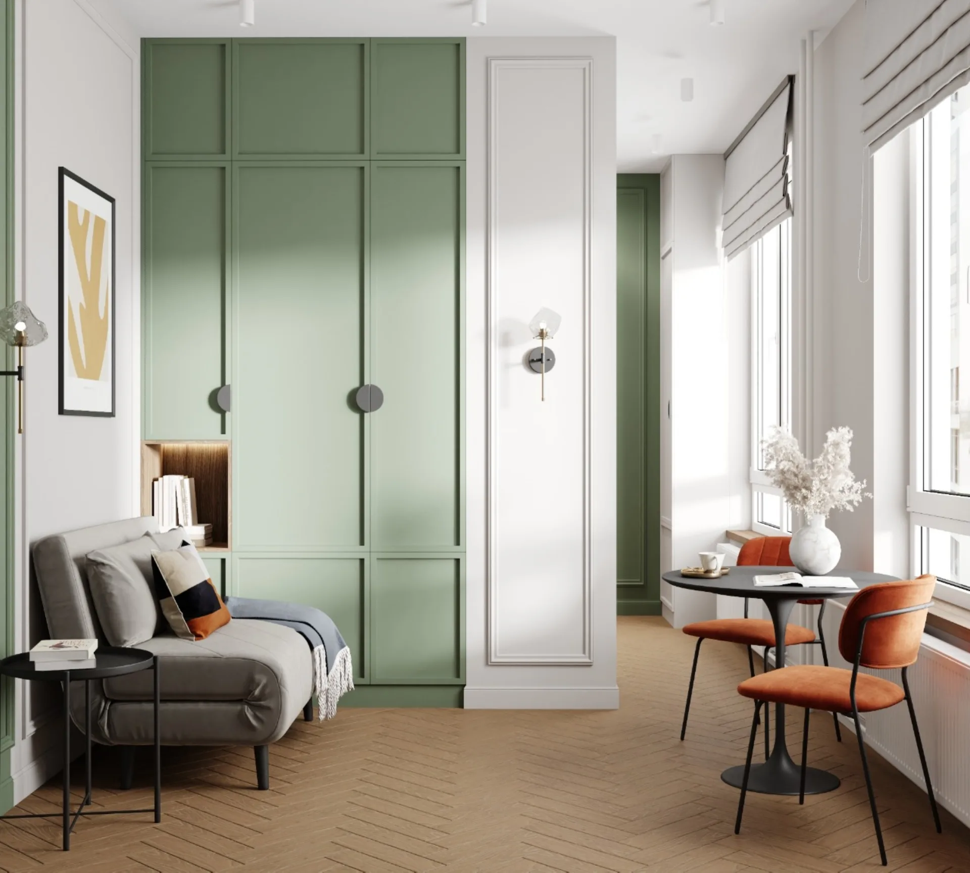 Living area with a wardrobe and sofa, with the dining area by the window