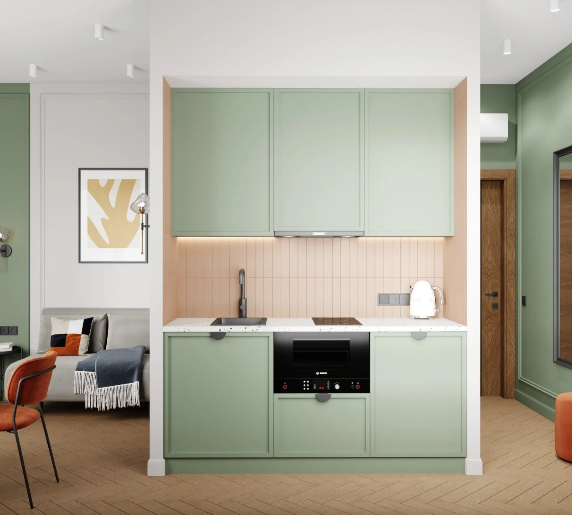 Kitchen nook with sage cabinetry, subway tiles, a terrazzo worktop and hob