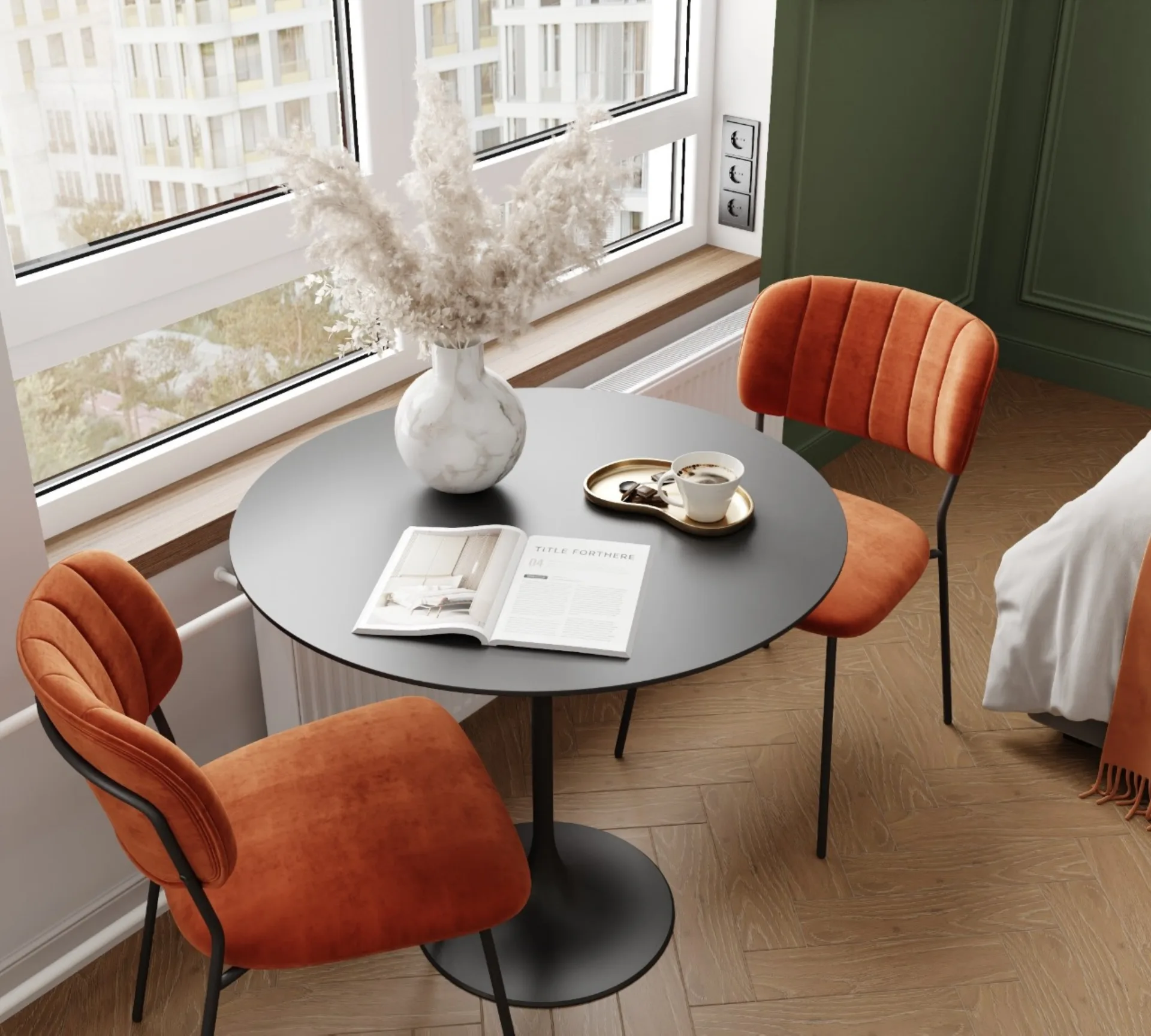 Detail: round tulip table, terracotta chairs, a book and coffee, with city rooftops in the window