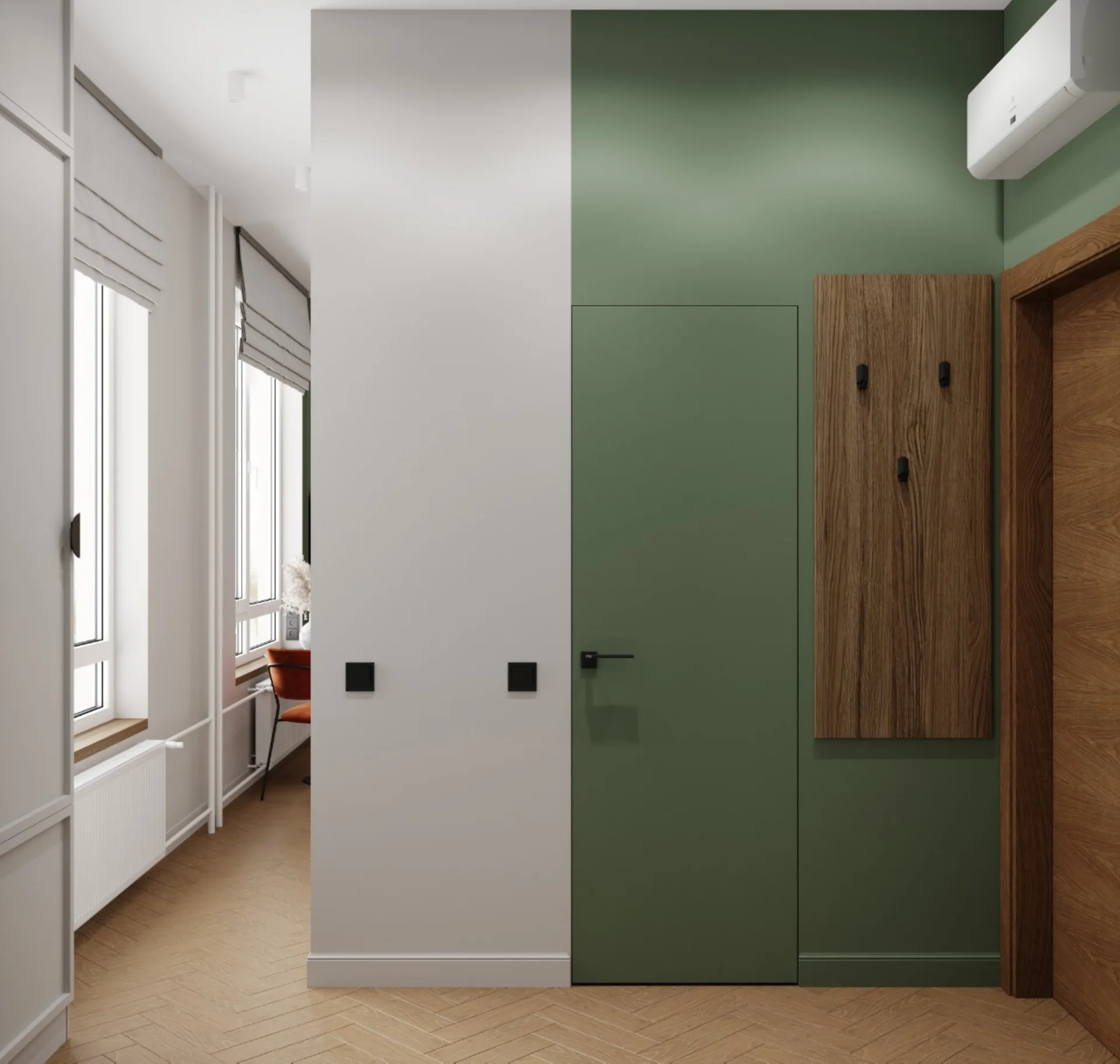 Hallway from the entrance with a shuttered window, green bathroom door and wooden coat rack