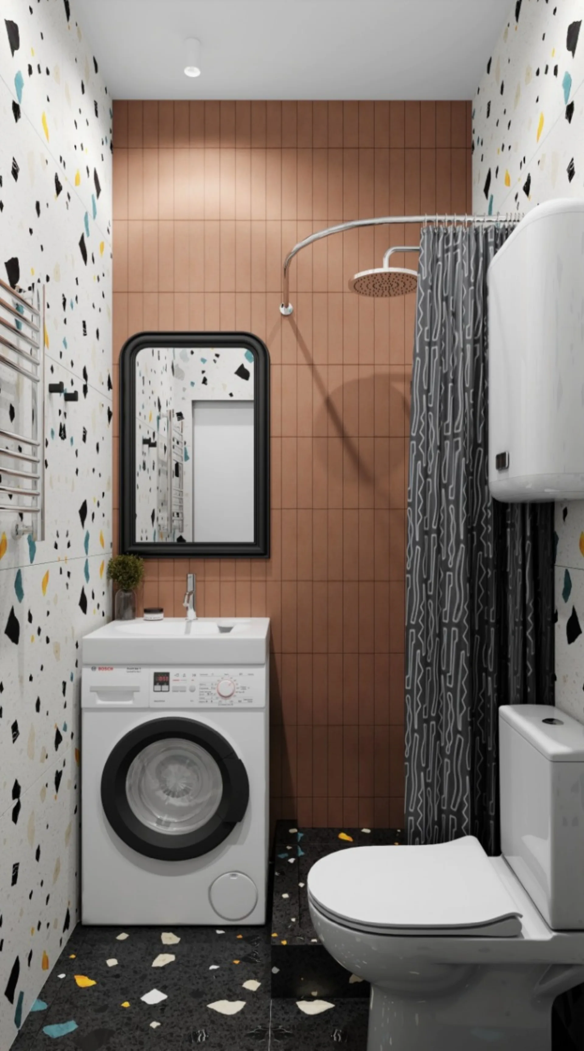 Bathroom with terrazzo floor and walls, a terracotta feature wall and arched mirror