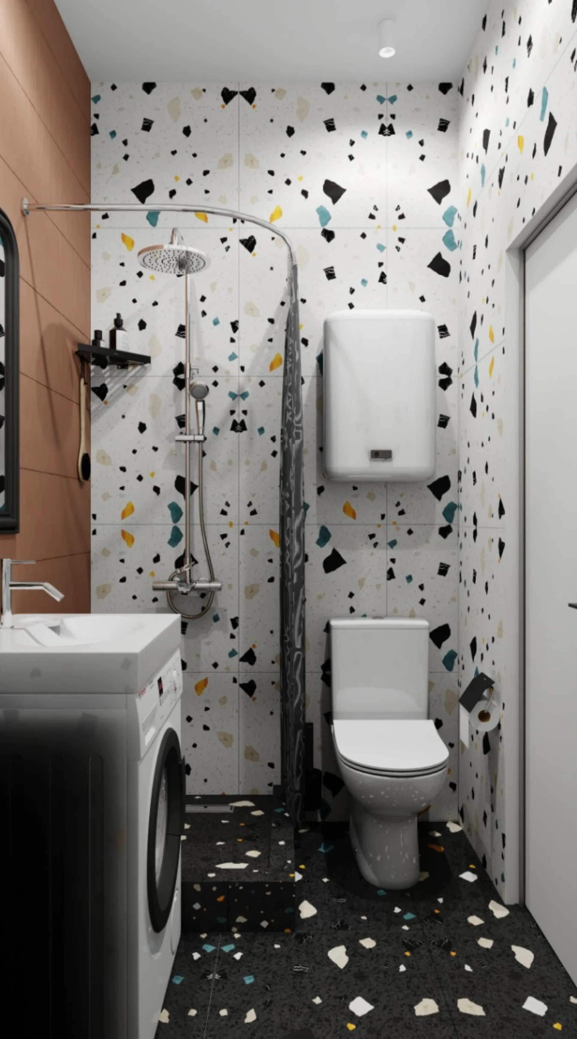 Bathroom, second view: shower area and dark terrazzo floor